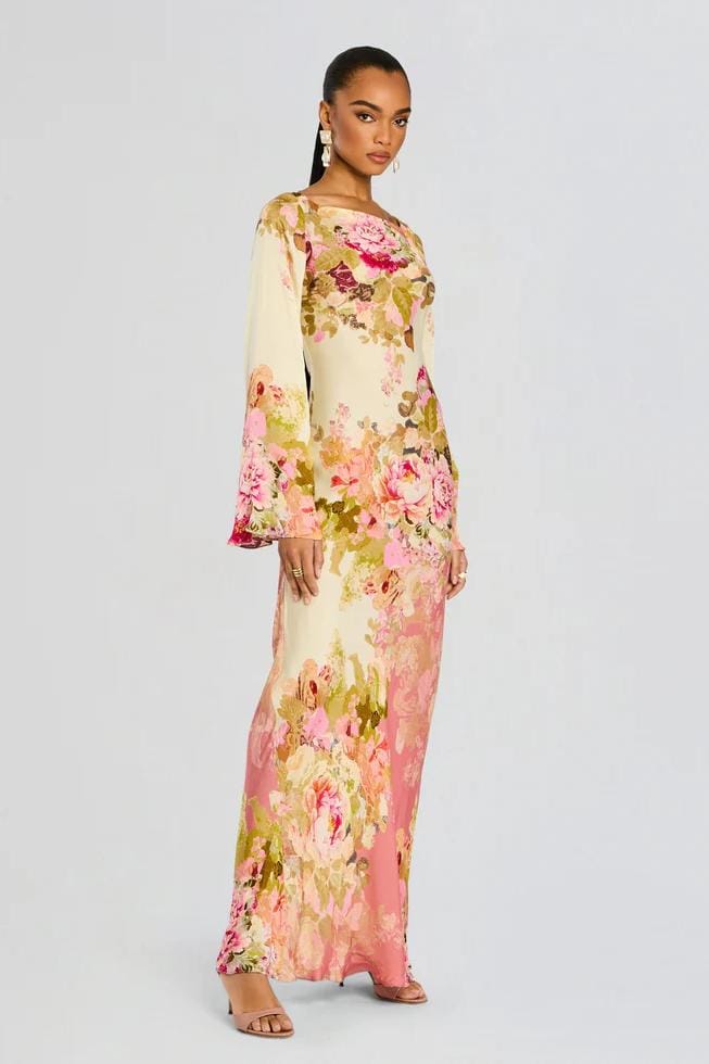 Velira Maxi Dress Gėlių varpo rankovėmis vakarinė suknelė