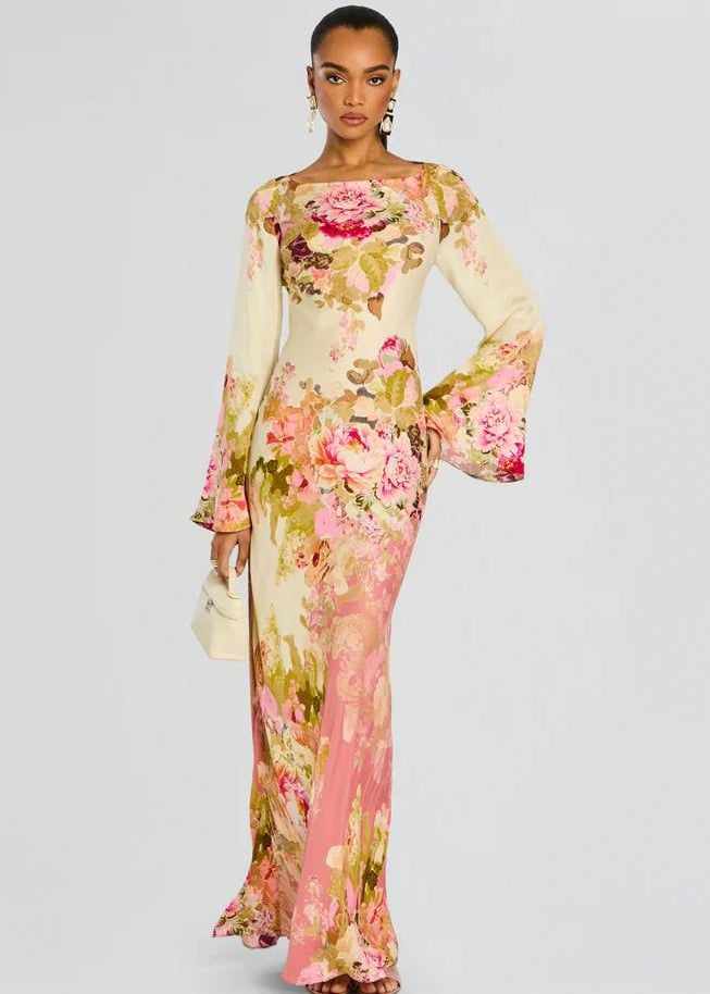 Velira Maxi Dress Gėlių varpo rankovėmis vakarinė suknelė