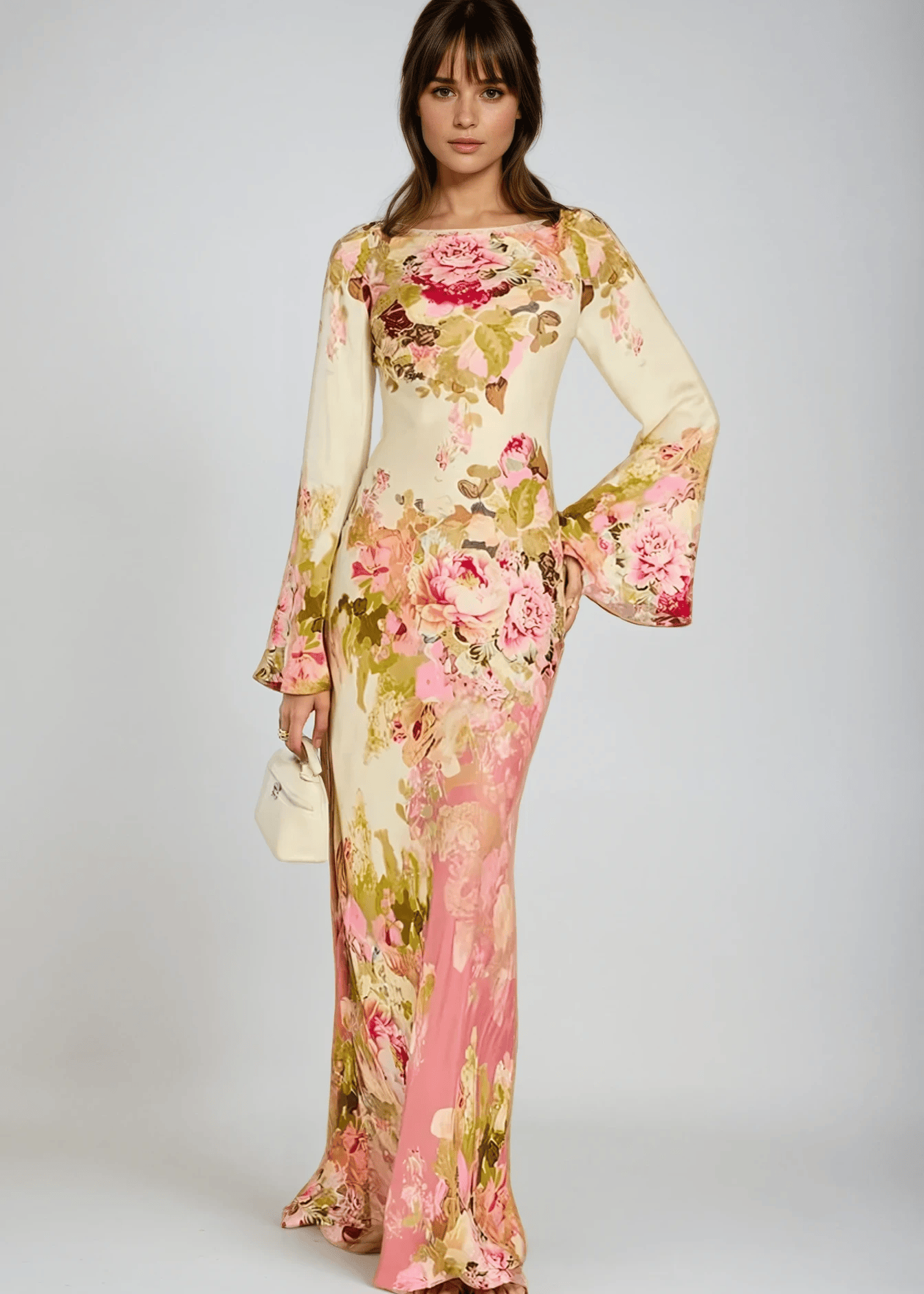 Velira Maxi Dress Gėlių / XS Gėlių varpo rankovėmis vakarinė suknelė