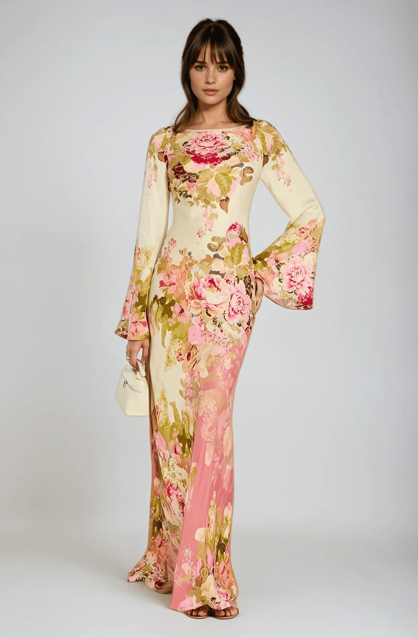 Velira Maxi Dress Gėlių / XS Gėlių varpo rankovėmis vakarinė suknelė