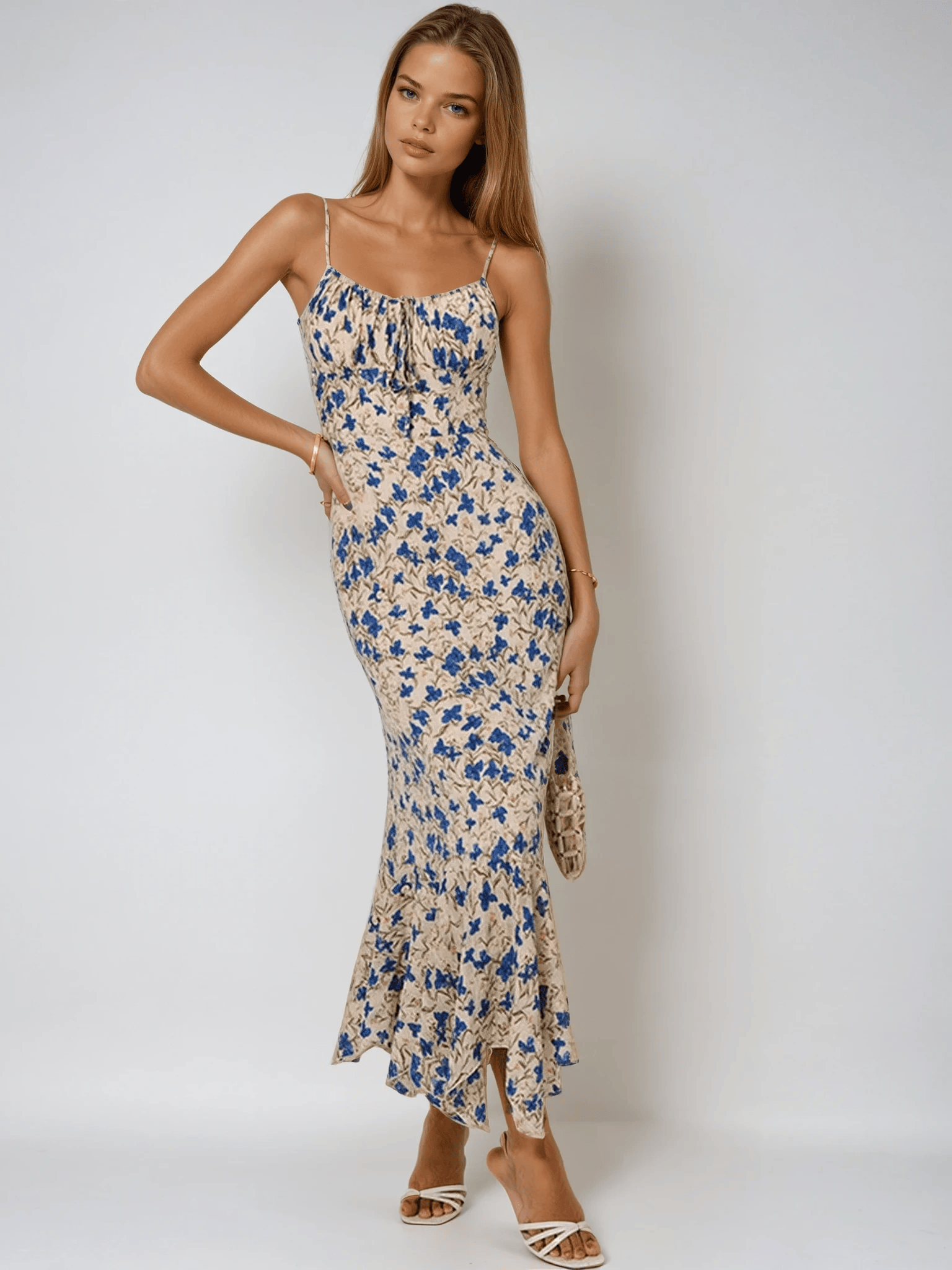 Velira Maxi Dress Gėlių / XS Gėlių vasaros nakties spaghetti dirželių maksi suknelė su raukšlėtu priekiu