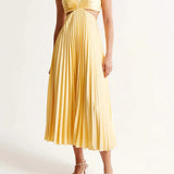 Velira Maxi Dress Geltona Plisuota Vasaros Šventės Maxi Suknelė