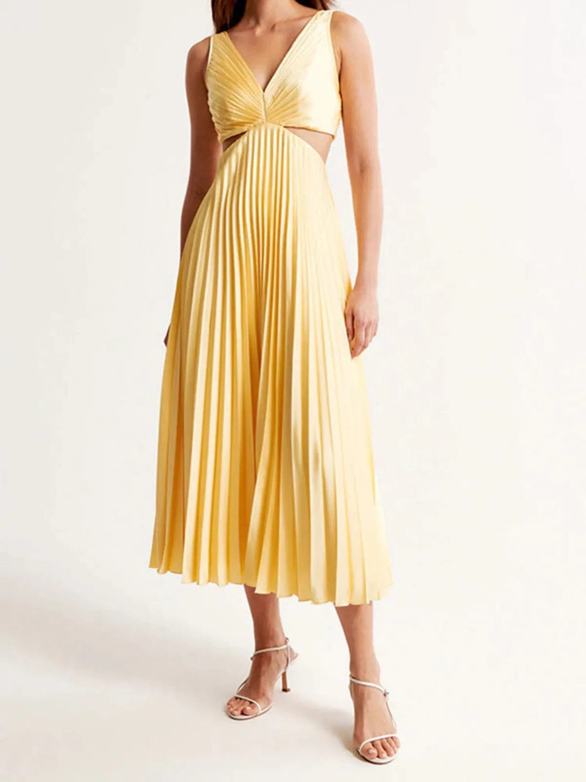 Velira Maxi Dress Geltona Plisuota Vasaros Šventės Maxi Suknelė