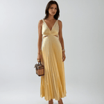 Velira Maxi Dress Geltona Plisuota Vasaros Šventės Maxi Suknelė