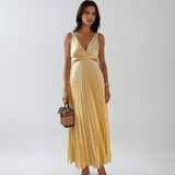 Velira Maxi Dress Geltona Plisuota Vasaros Šventės Maxi Suknelė