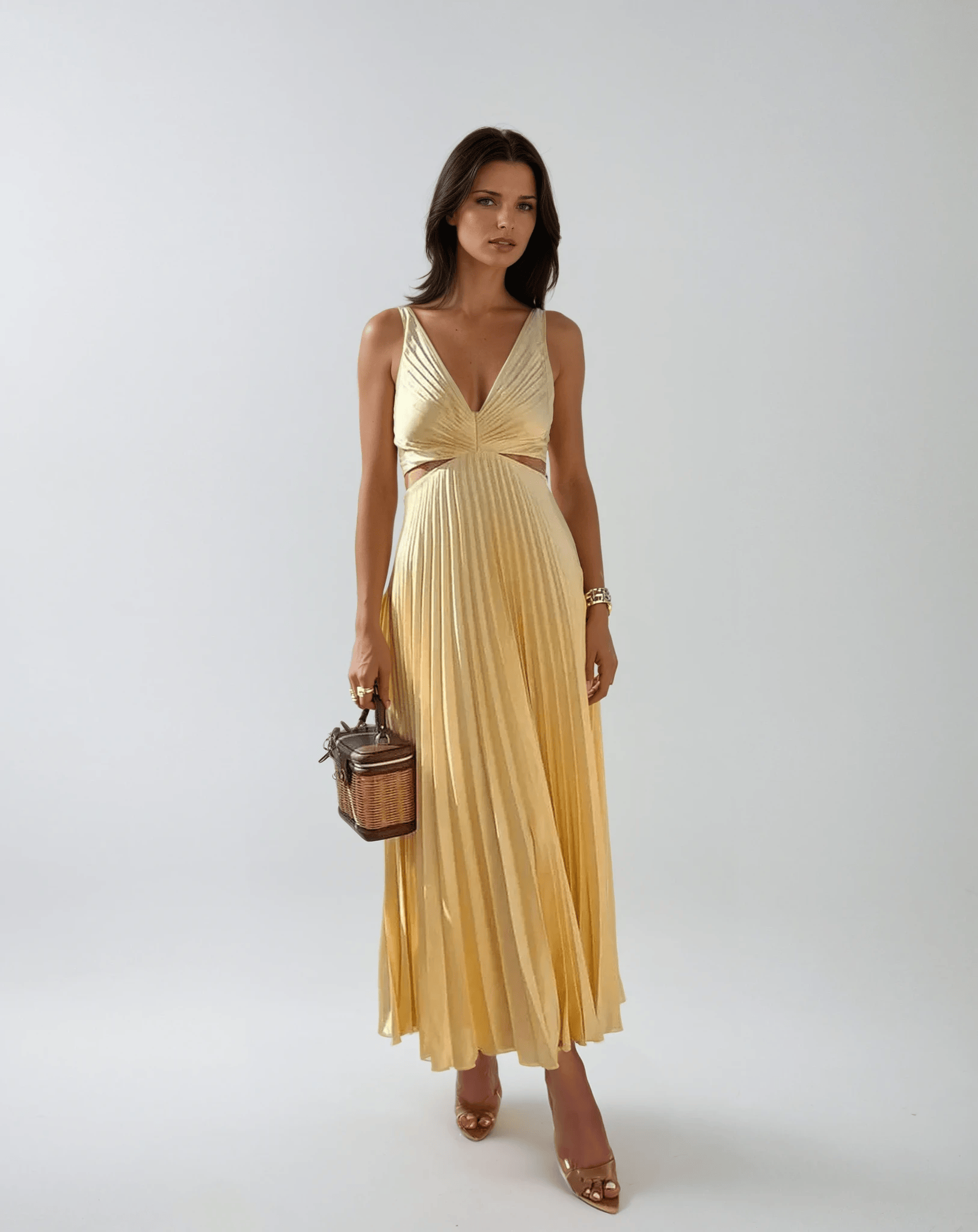 Velira Maxi Dress Geltona Plisuota Vasaros Šventės Maxi Suknelė