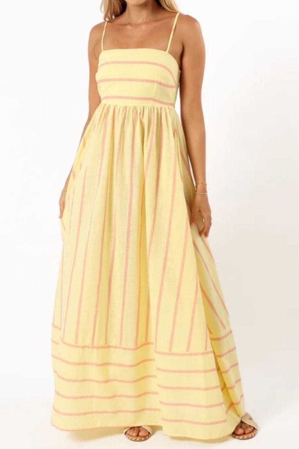Velira Maxi Dress Geltona / S Juostuota diržinė vasaros paplūdimio maksi suknelė