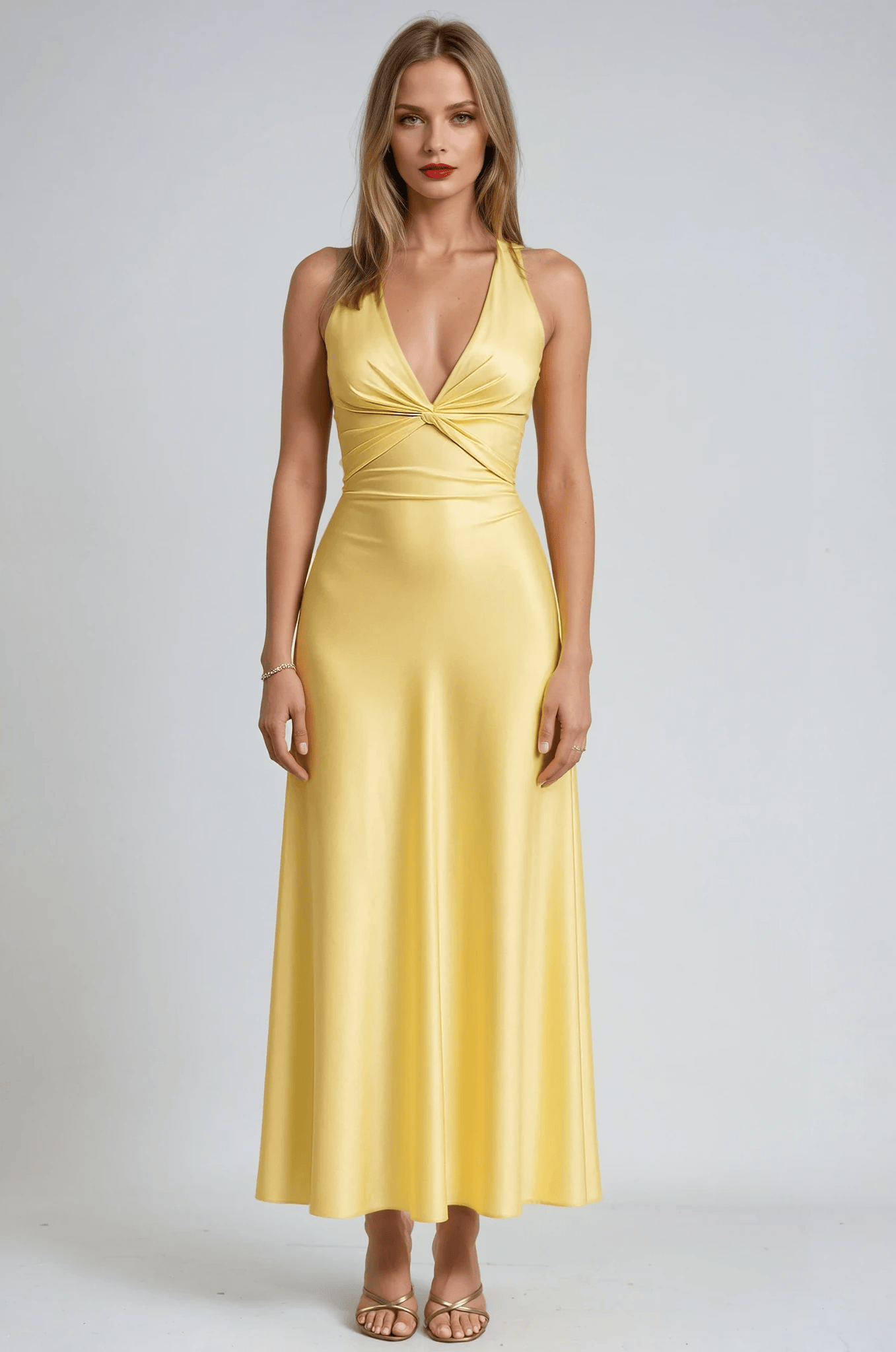 Velira Maxi Dress Geltona / S Satinė Halter Maxi Suknelė