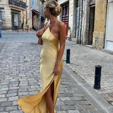 Velira Maxi Dress Geltona / XS Atvira Nugaros Satino Maxi Suknelė