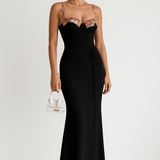 Velira Maxi Dress Juoda / S Gėlių Siuvinėta Vasaros Nakties Maxi Suknelė