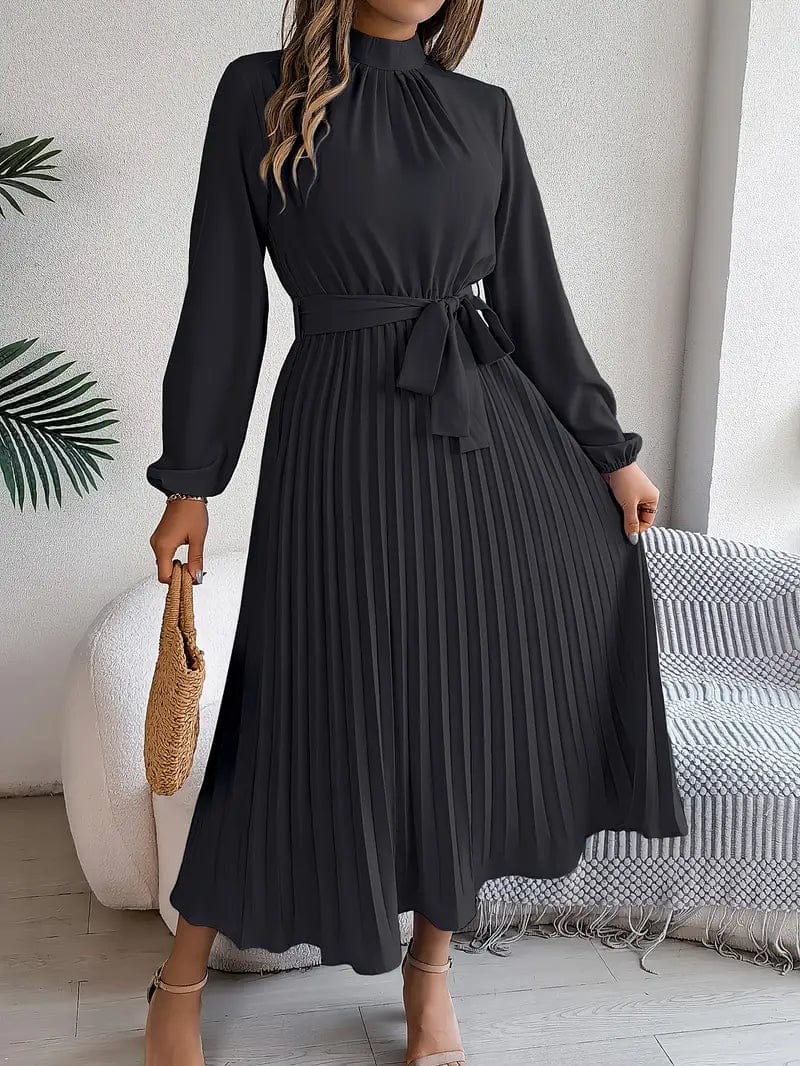 Velira Maxi Dress Juoda / S Plisuota Midi Suknelė su Diržu
