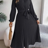 Velira Maxi Dress Juoda / S Plisuota Midi Suknelė su Diržu