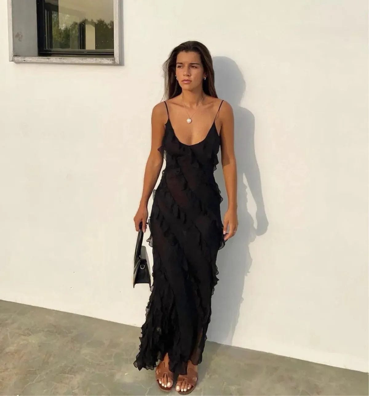 Velira Maxi Dress Juoda / S Romantiška Ruffles Šifono Vakarinė Maxi Suknelė