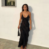 Velira Maxi Dress Juoda / S Romantiška Ruffles Šifono Vakarinė Maxi Suknelė