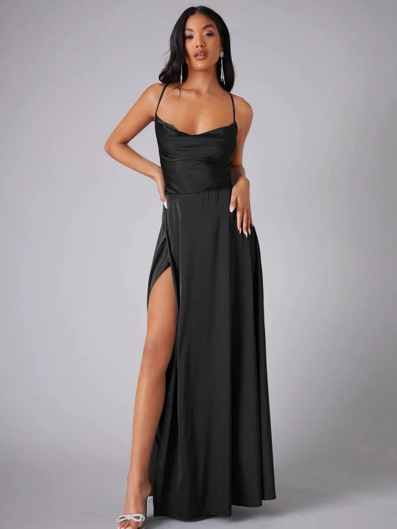 Velira Maxi Dress Juoda / S Suknelė su spaghetti petnešėlėmis, ilga, vakarui, su aukštu įpjovimu