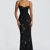 Velira Maxi Dress Juoda / XS Gėlių žakardo korseto maksi suknelė