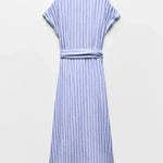 Velira Maxi Dress Juostuotas lino mišinio darbo maxi suknelė su diržu