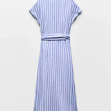 Velira Maxi Dress Juostuotas lino mišinio darbo maxi suknelė su diržu