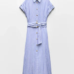 Velira Maxi Dress Juostuotas lino mišinio darbo maxi suknelė su diržu