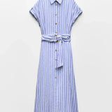 Velira Maxi Dress Juostuotas lino mišinio darbo maxi suknelė su diržu