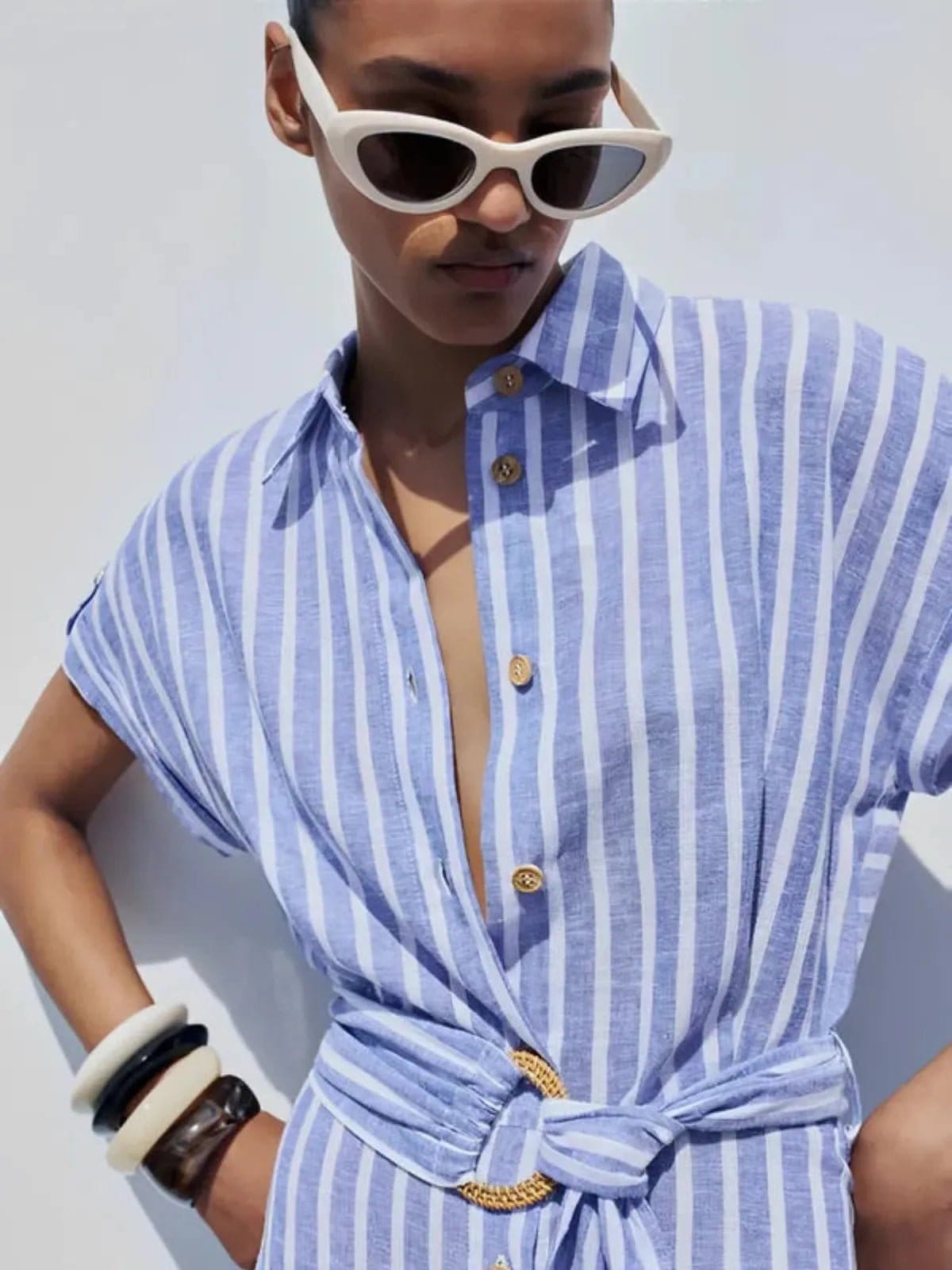 Velira Maxi Dress Juostuotas lino mišinio darbo maxi suknelė su diržu
