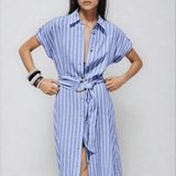 Velira Maxi Dress Juostuotas lino mišinio darbo maxi suknelė su diržu