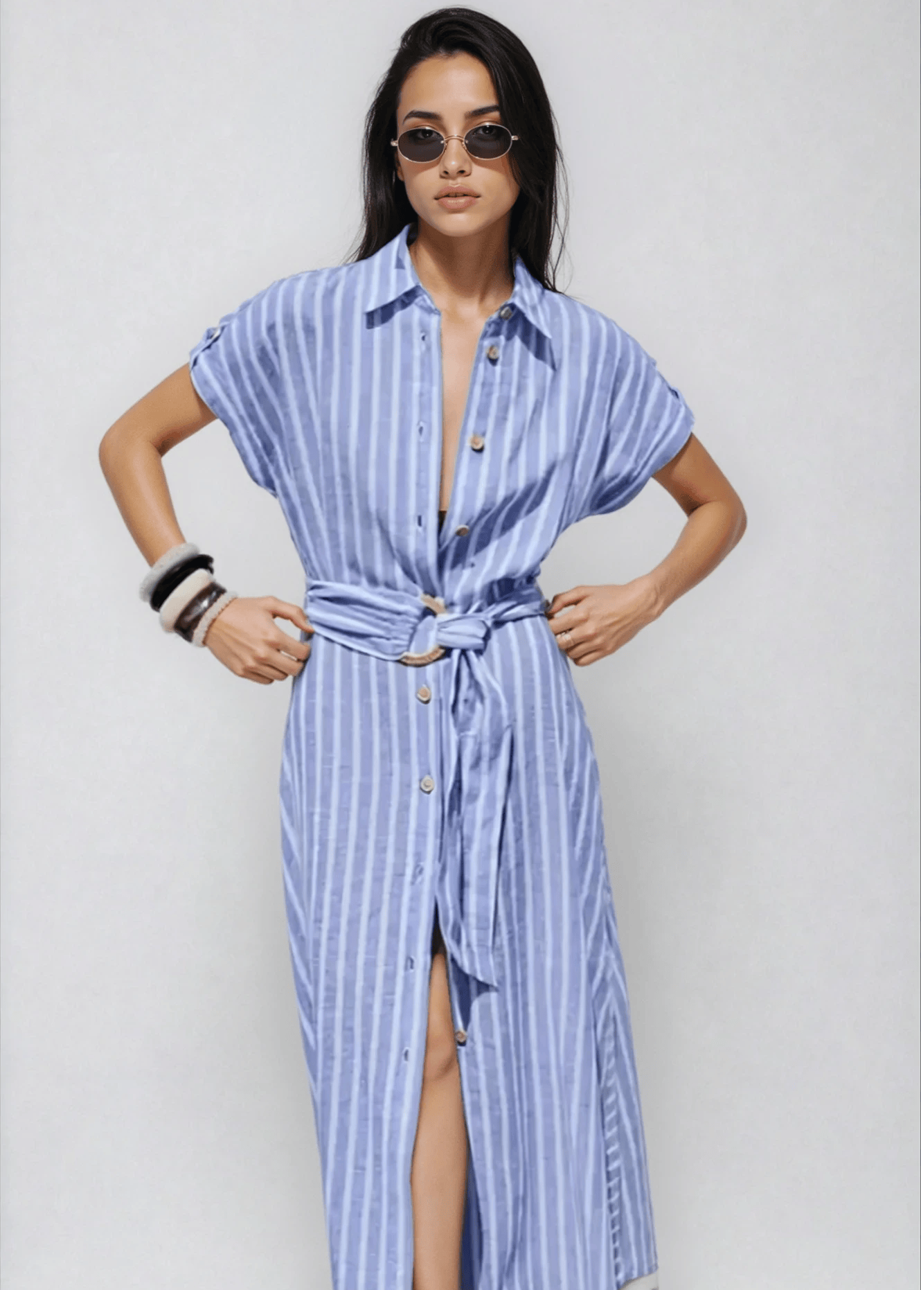 Velira Maxi Dress Juostuotas lino mišinio darbo maxi suknelė su diržu