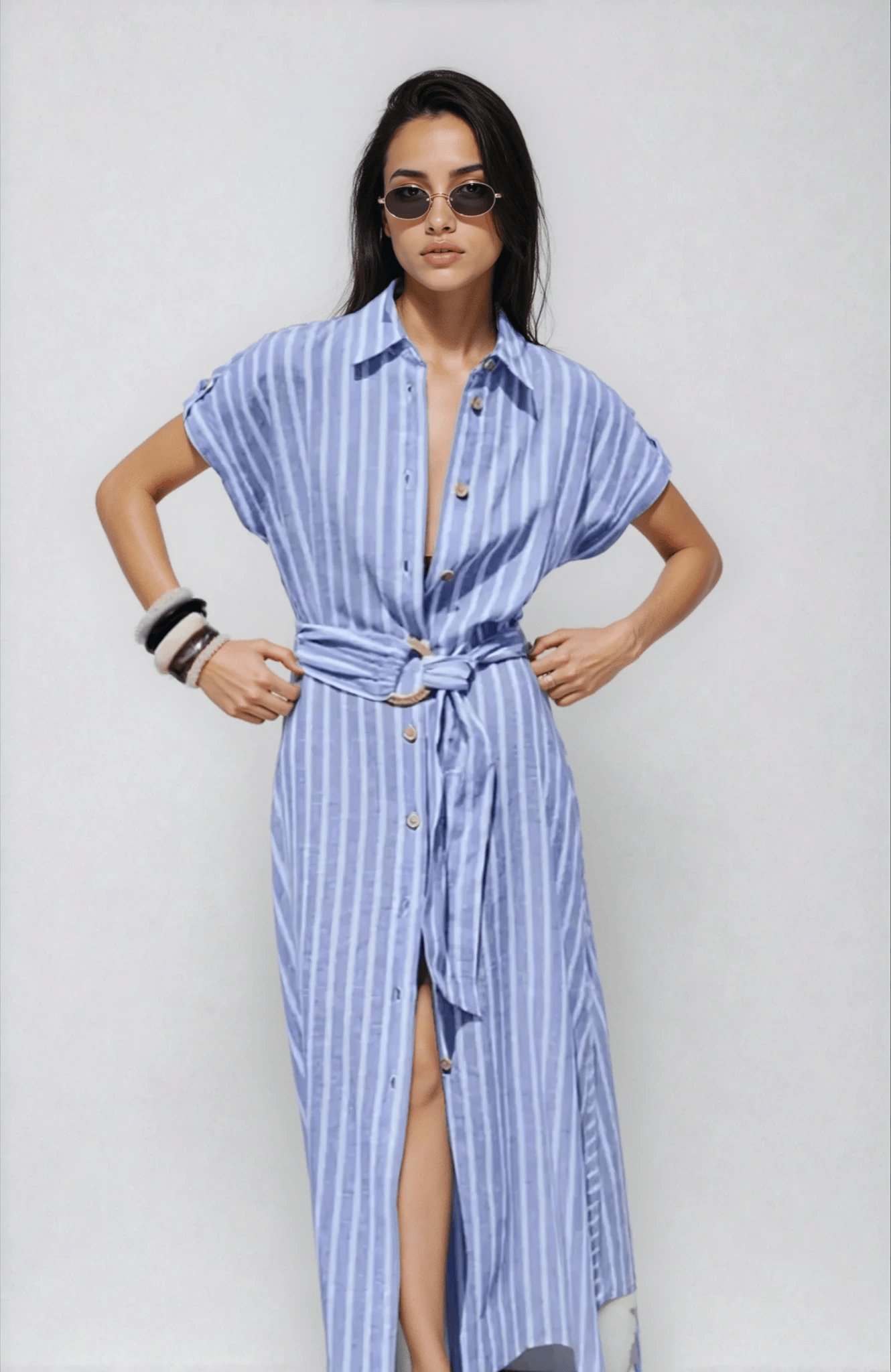 Velira Maxi Dress Juostuotas lino mišinio darbo maxi suknelė su diržu