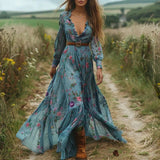 Velira Maxi Dress Mėlyna / S Bohemiškas gėlių rašto maksi suknelė su ilgomis rankovėmis