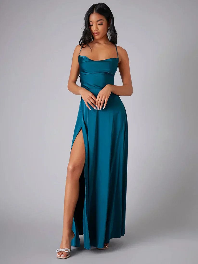 Velira Maxi Dress Mėlyna / S Suknelė su spaghetti petnešėlėmis, ilga, vakarui, su aukštu įpjovimu