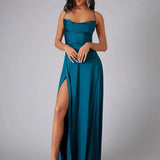 Velira Maxi Dress Mėlyna / S Suknelė su spaghetti petnešėlėmis, ilga, vakarui, su aukštu įpjovimu