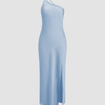 Velira Maxi Dress Mėlyna / XS Atvira Nugaros Satino Maxi Suknelė