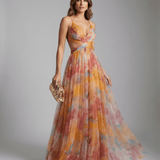 Velira Maxi Dress Oranžinė / S Gėlių vakarinė maksi suknelė