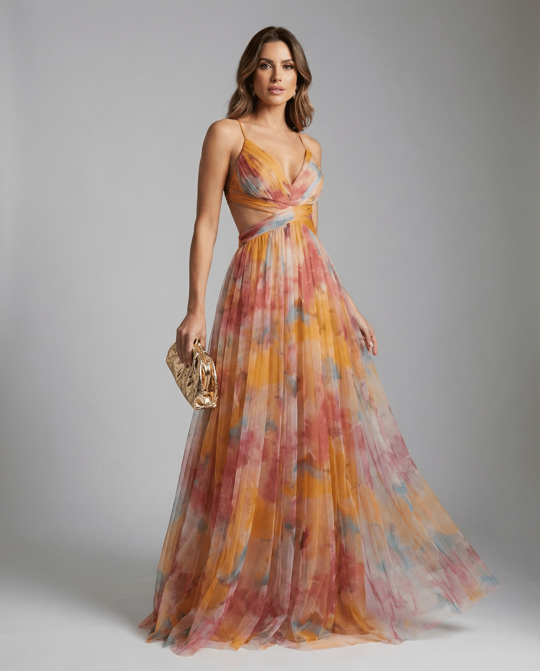 Velira Maxi Dress Oranžinė / S Gėlių vakarinė maksi suknelė