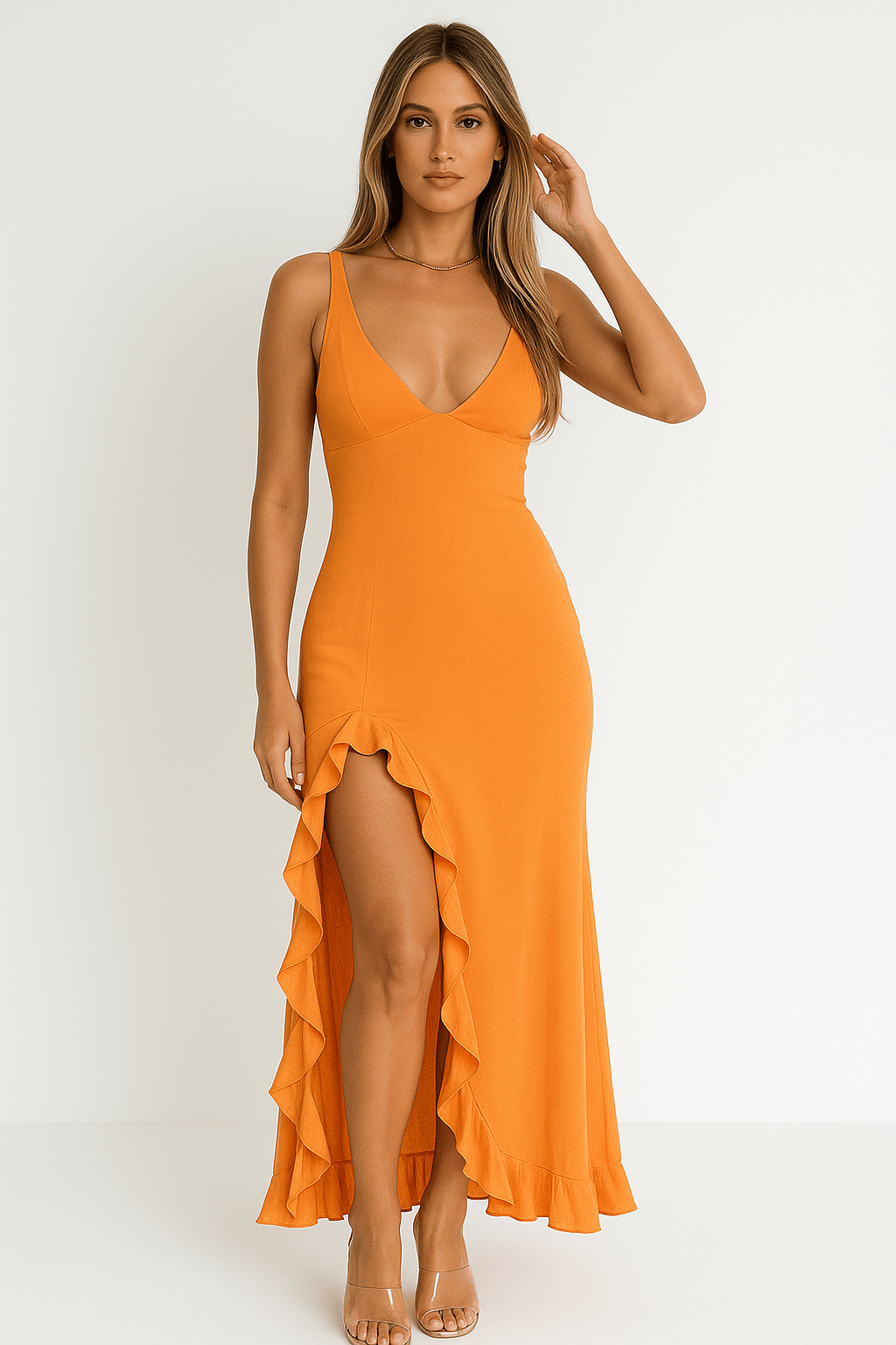 Velira Maxi Dress Oranžinė / S Raukšlėta V formos maksi suknelė