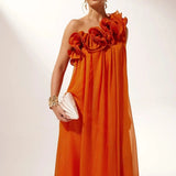 Velira Maxi Dress Oranžinė / XS Asimetrinė vieno peties gėlėta vakarinė suknelė