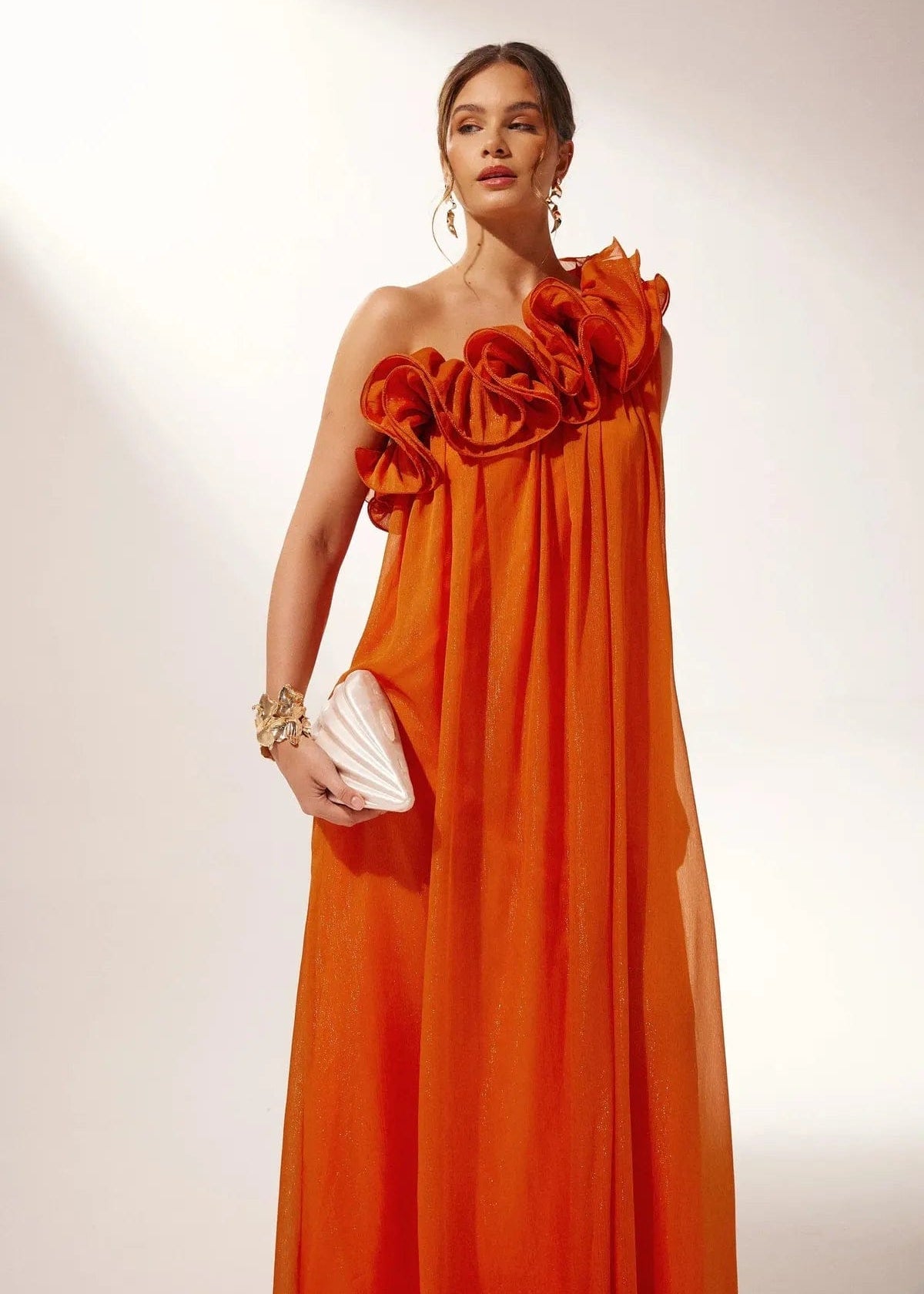 Velira Maxi Dress Oranžinė / XS Asimetrinė vieno peties gėlėta vakarinė suknelė