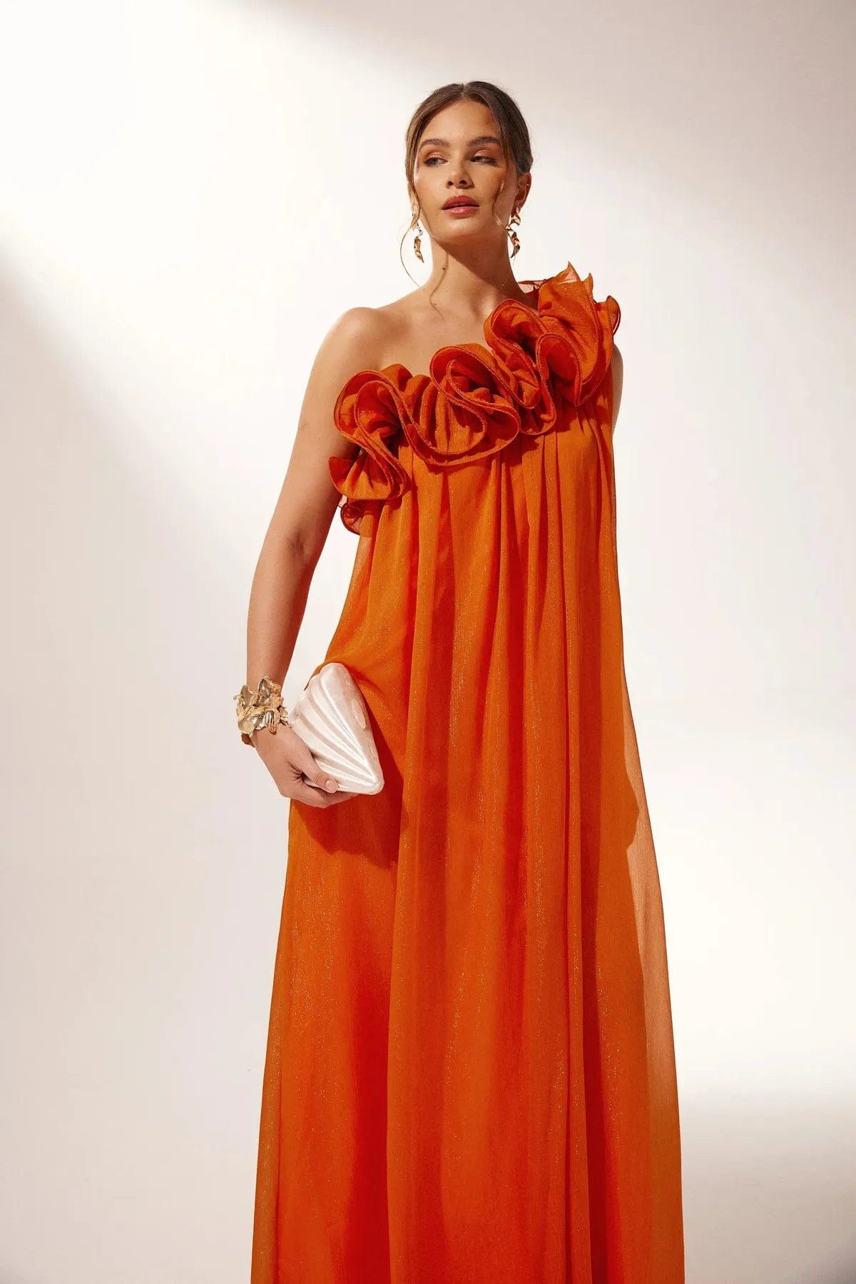 Velira Maxi Dress Oranžinė / XS Asimetrinė vieno peties gėlėta vakarinė suknelė
