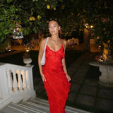 Velira Maxi Dress Raudona / S Romantiška Ruffles Šifono Vakarinė Maxi Suknelė