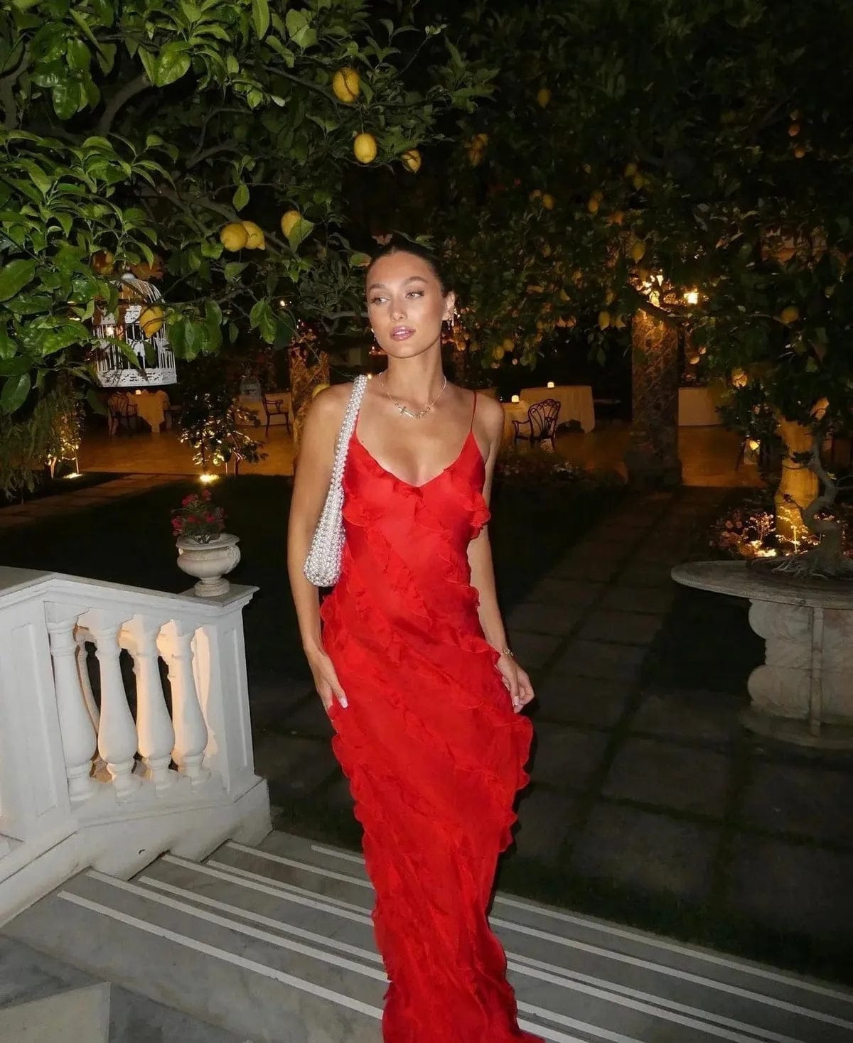 Velira Maxi Dress Raudona / S Romantiška Ruffles Šifono Vakarinė Maxi Suknelė