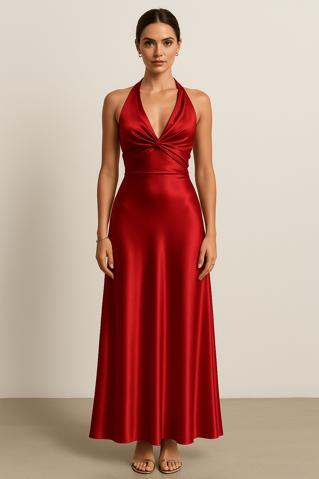 Velira Maxi Dress Raudona / S Satinė Halter Maxi Suknelė