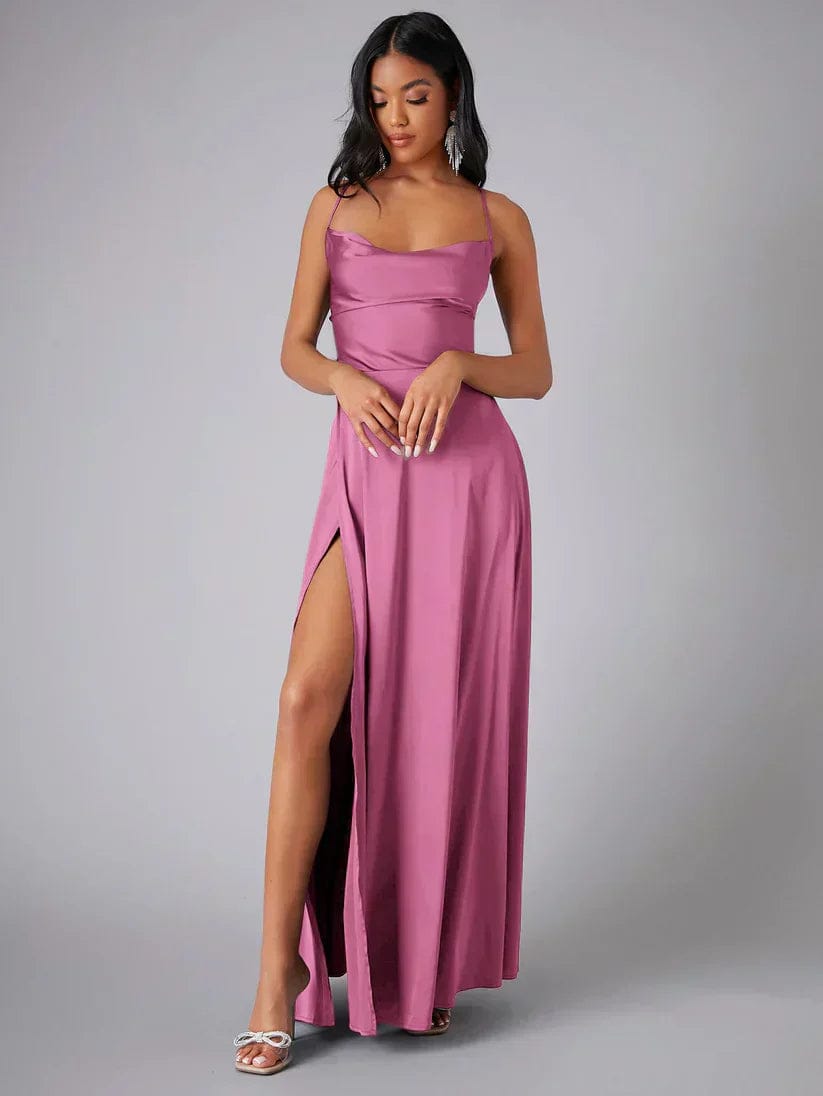 Velira Maxi Dress Rožinė / S Suknelė su spaghetti petnešėlėmis, ilga, vakarui, su aukštu įpjovimu
