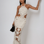 Velira Maxi Dress S / Balta Balta Nėriniuota Maxi Suknelė su Iškirptėmis Vasaros