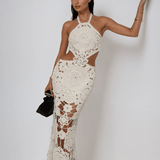 Velira Maxi Dress S / Balta Balta Nėriniuota Maxi Suknelė su Iškirptėmis Vasaros