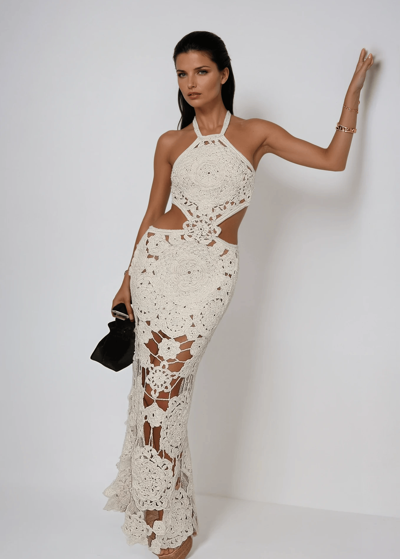 Velira Maxi Dress S / Balta Balta Nėriniuota Maxi Suknelė su Iškirptėmis Vasaros