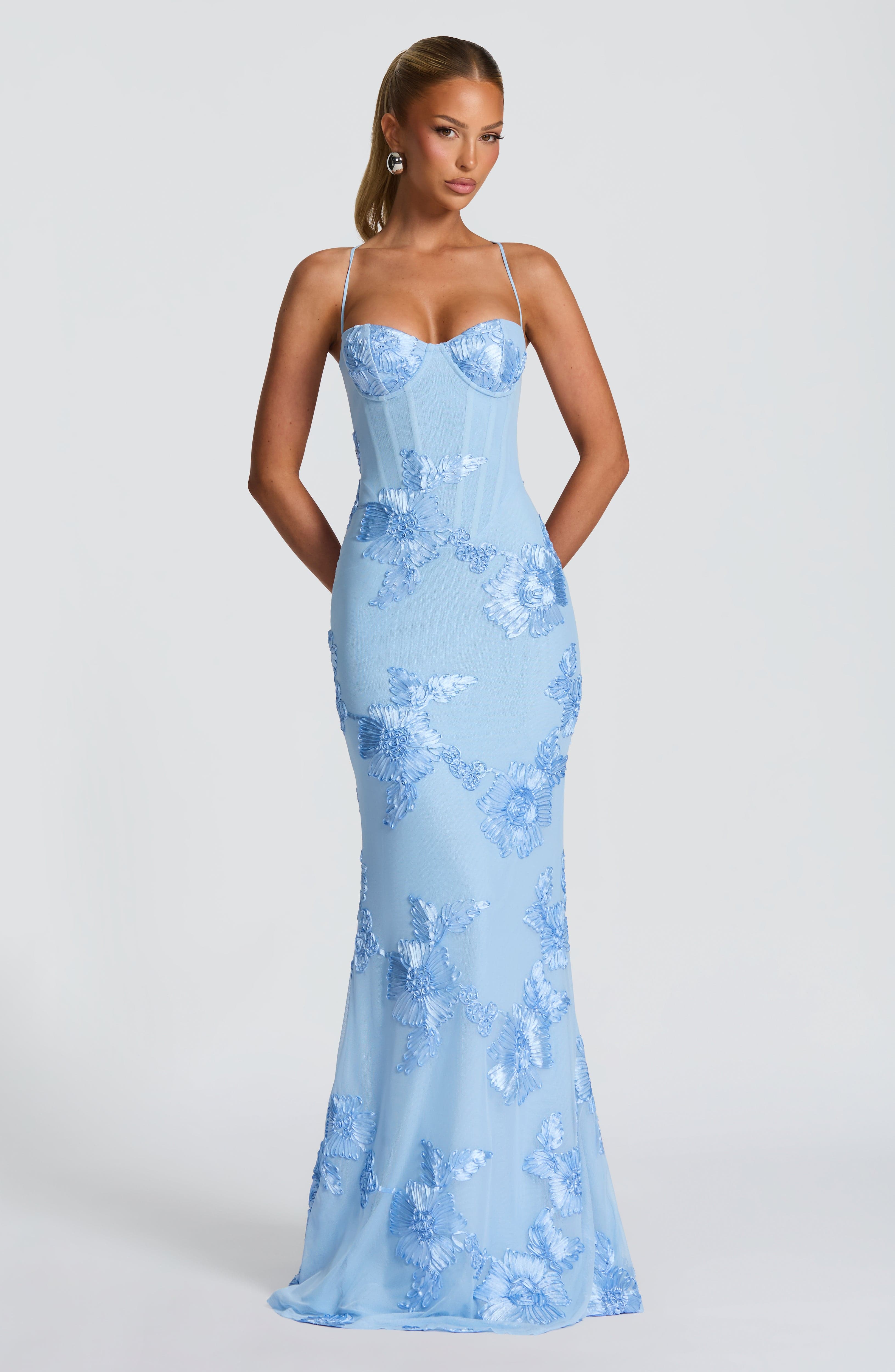 Velira Maxi Dress Šviesiai mėlyna / XS Gėlių žakardo korseto maksi suknelė