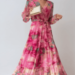 Velira Maxi Dress Tamsiai Rožinė / S Gėlių Apvyniojimo Vasaros Vakarinė Maxi Suknelė