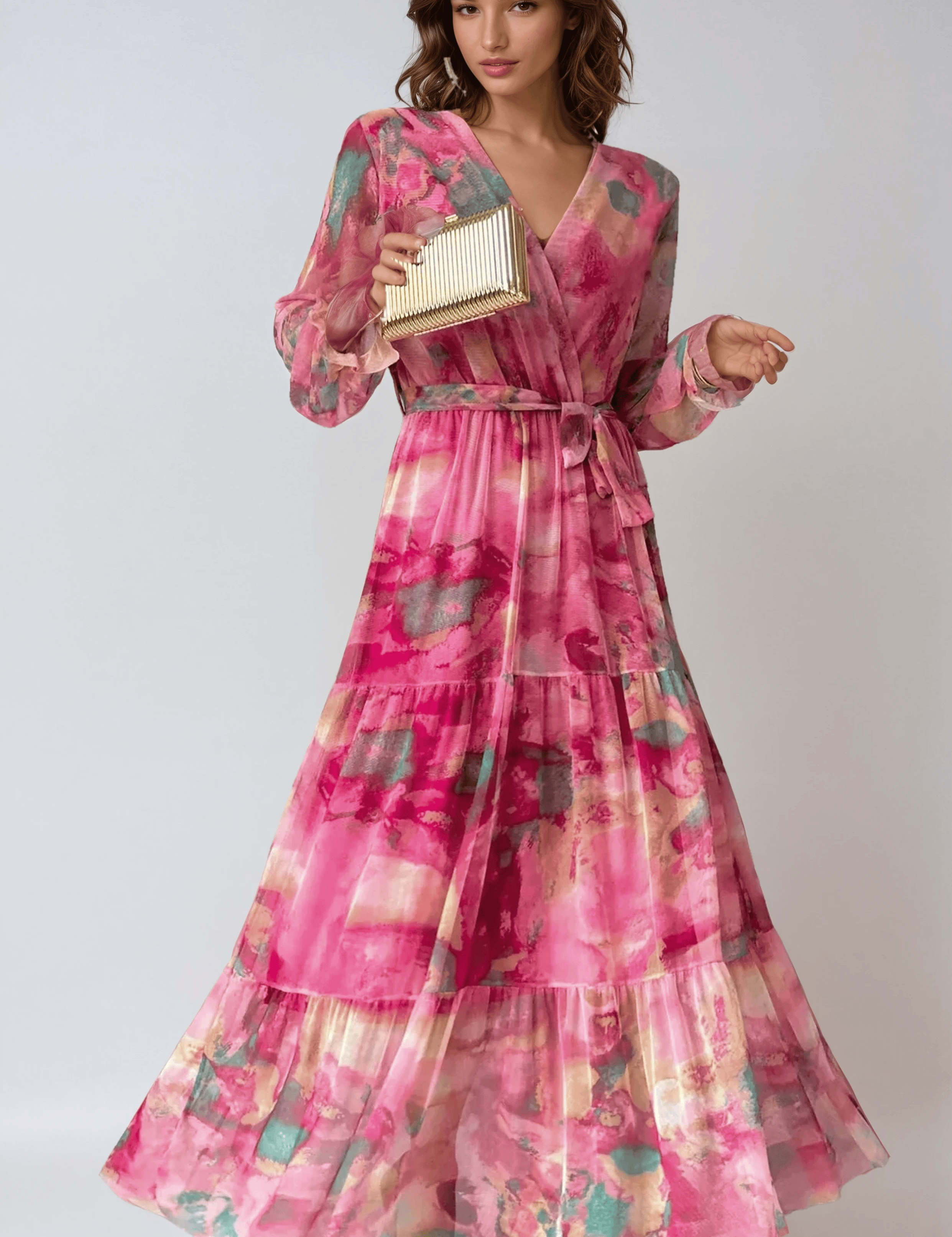 Velira Maxi Dress Tamsiai Rožinė / S Gėlių Apvyniojimo Vasaros Vakarinė Maxi Suknelė