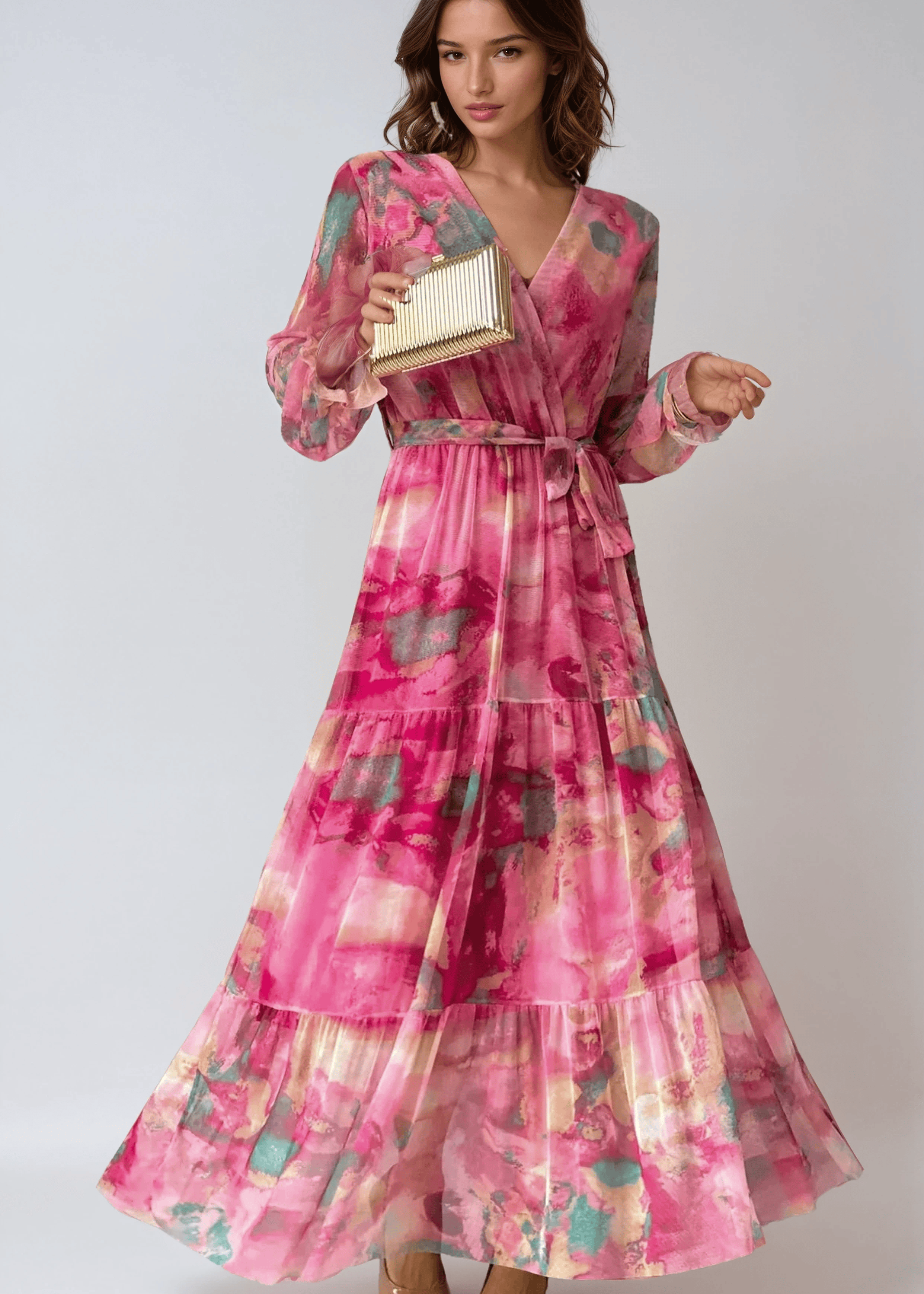 Velira Maxi Dress Tamsiai Rožinė / S Gėlių Apvyniojimo Vasaros Vakarinė Maxi Suknelė