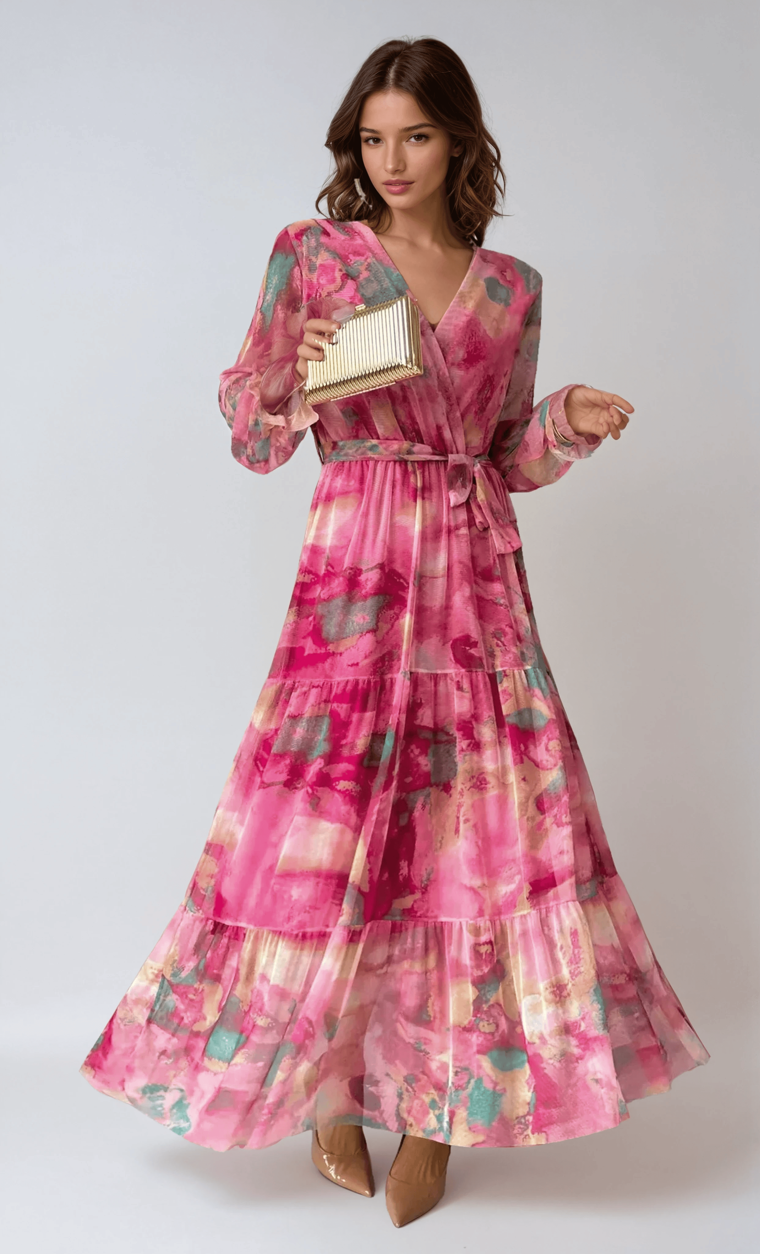 Velira Maxi Dress Tamsiai Rožinė / S Gėlių Apvyniojimo Vasaros Vakarinė Maxi Suknelė